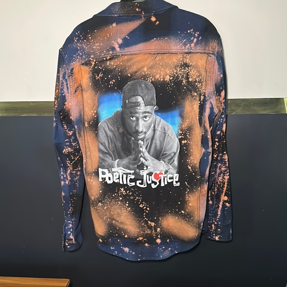 Blue and Black flannel Streetwear Plaid Shirt with Tupac in back- upcycled